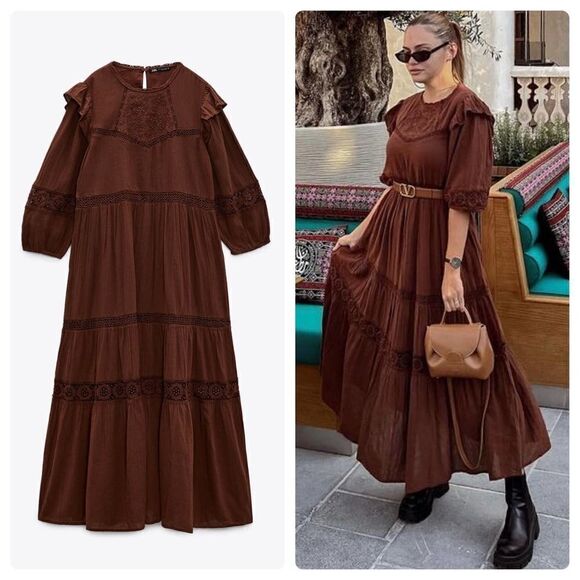 Zara Openwork Cotton Embroidered Brown Dress New - Picture 2 of 8